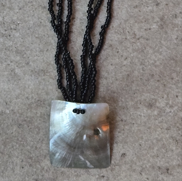 Abalone & Black Seed Bead Choker Necklace Square Pendant Statement - Picture 2 of 8